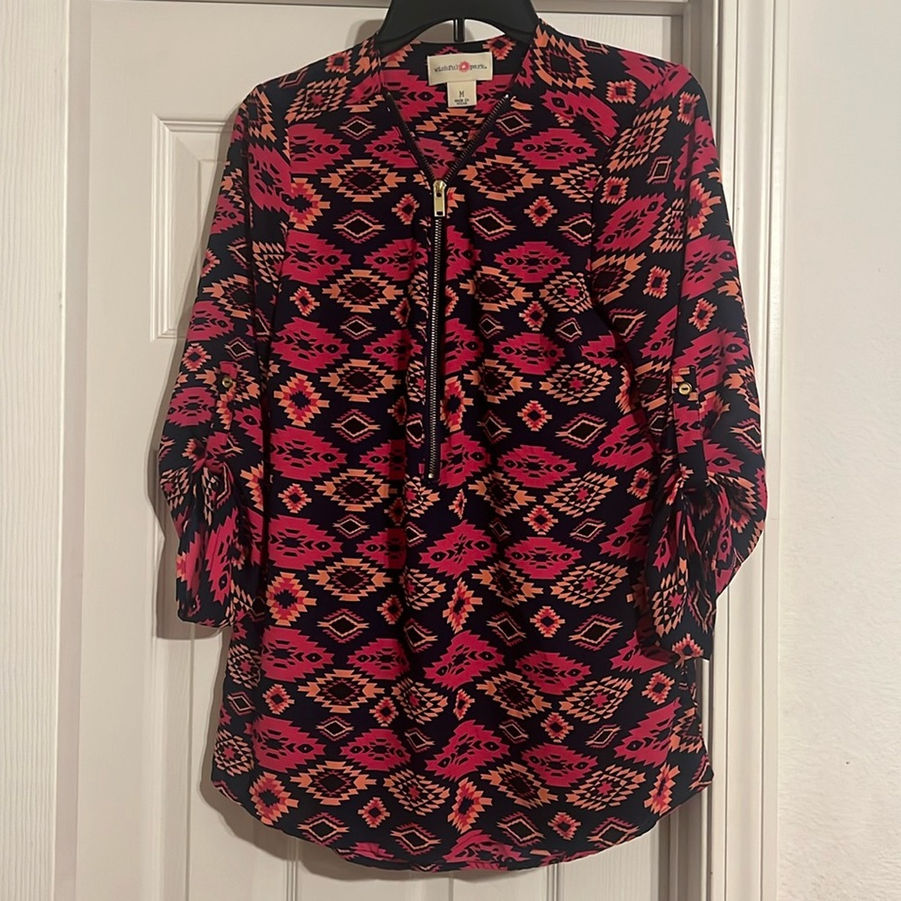 Wishful Park size medium top with Aztec design. Three quarter length sleeve